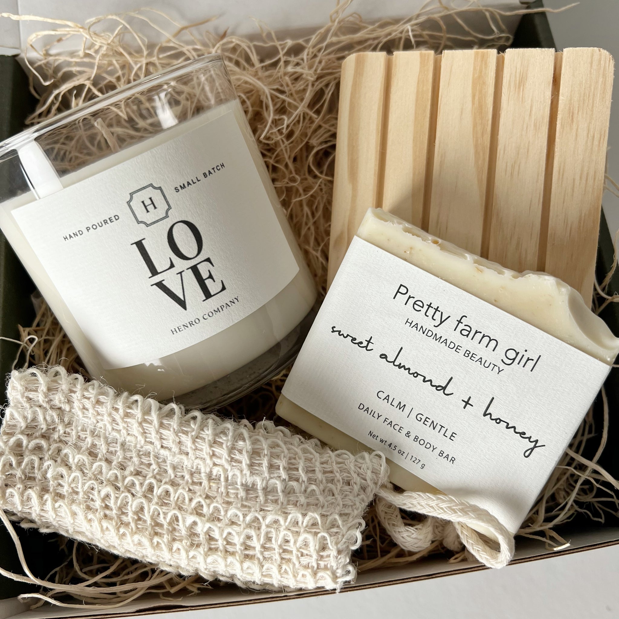 GIFT SET: LOVE Candle, Handmade Soap, Pine Soap Dish & Soap Saver